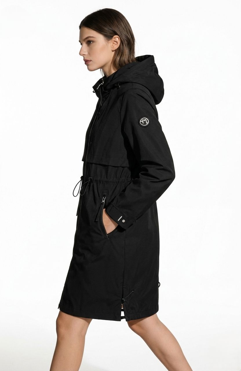 Fekete színű átmeneti parka derékban behúzással