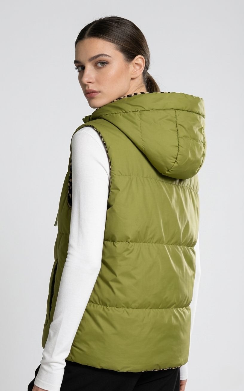 Kifordítható  leopárdmintás mellény - zöld színű