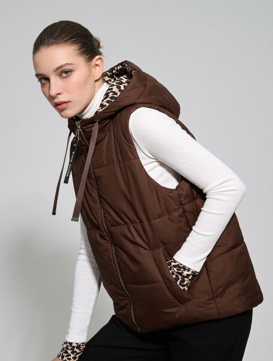 Kifordítható  leopárdmintás mellény - csokoládébarna színű