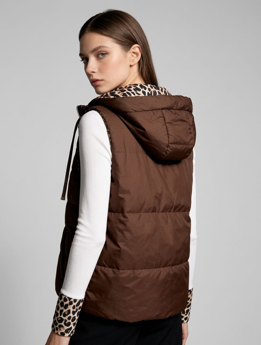 Kifordítható  leopárdmintás mellény - csokoládébarna színű