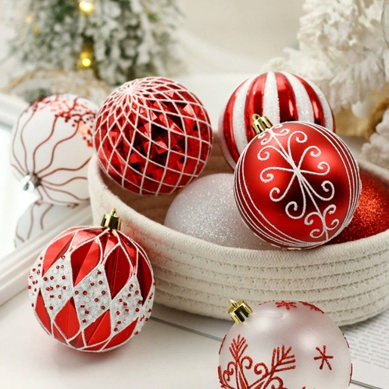 Piros/fehér színű karácsonyfadíszek, 8 cm, 16 darab