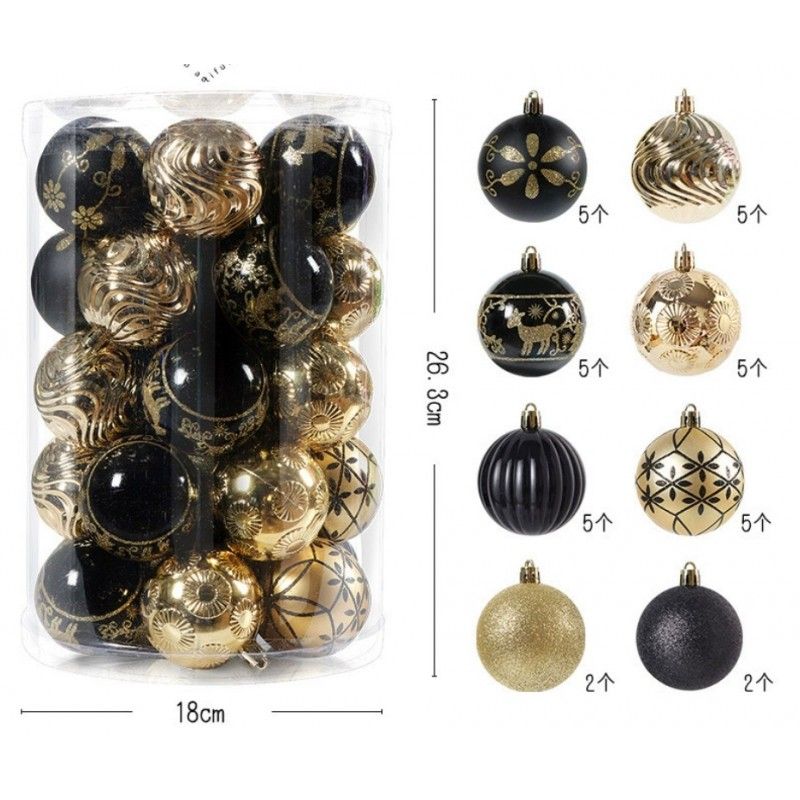 Fekete/aranyszínű karácsonyfadíszek, 6 cm, 34 darab