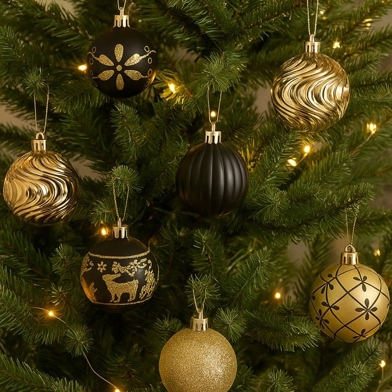 Fekete/aranyszínű karácsonyfadíszek, 6 cm, 34 darab