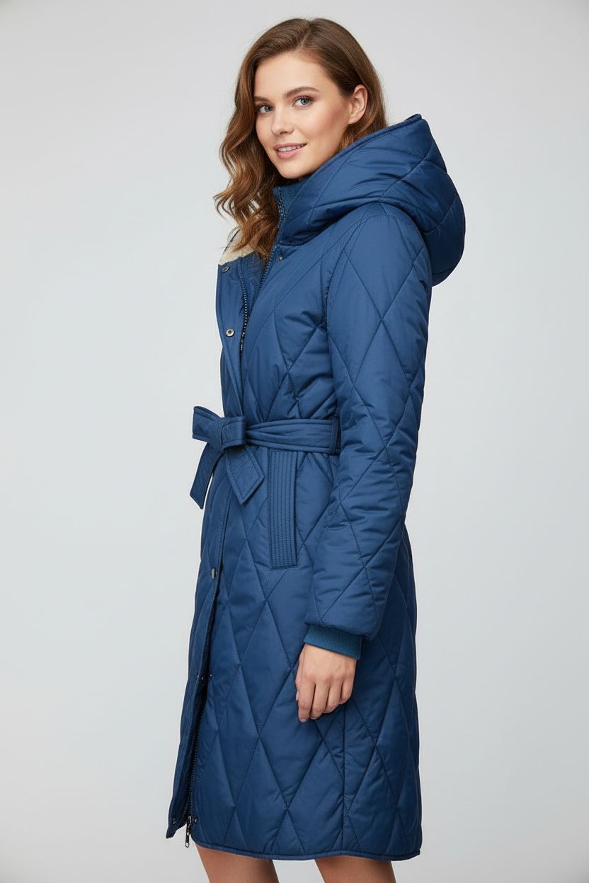 Kék színű steppelt kabát övvel
