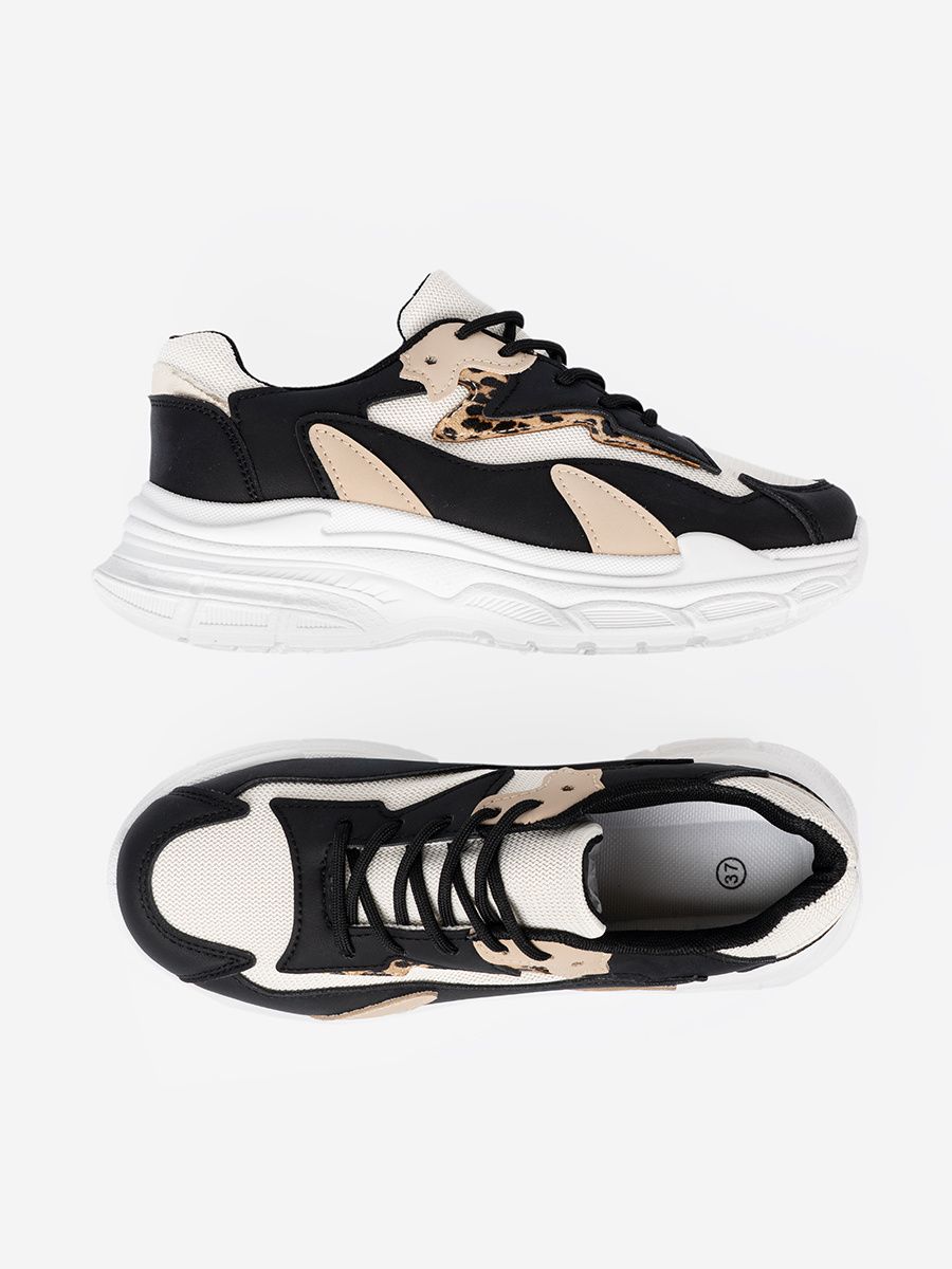 Fekete és bézs színű női sneaker cipő vastag talppal