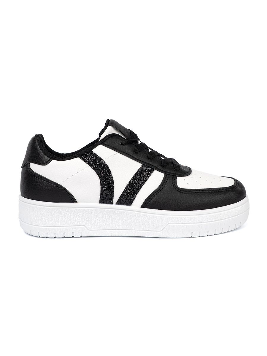 Stílusos fekete-fehér színű sneaker cipő csillogó részletekkel