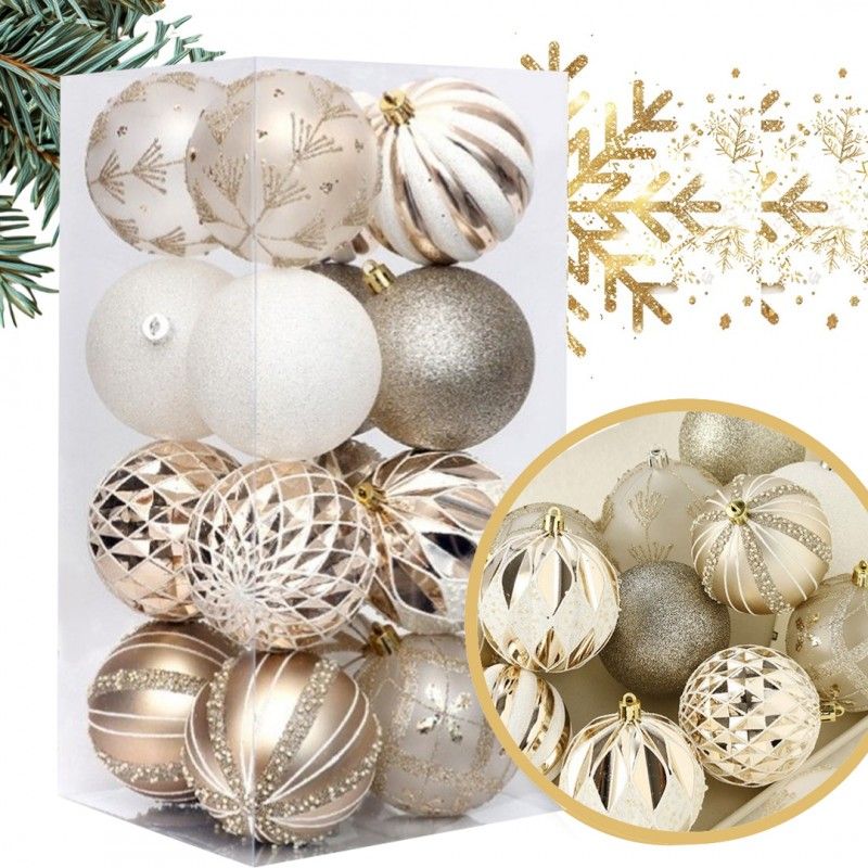 Aranyszínű/fehér karácsonyfadíszek, 8 cm, 16 darab