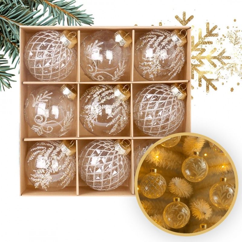 Átlátszó/aranyszínű karácsonyfadíszek, 8 cm, 9 darab