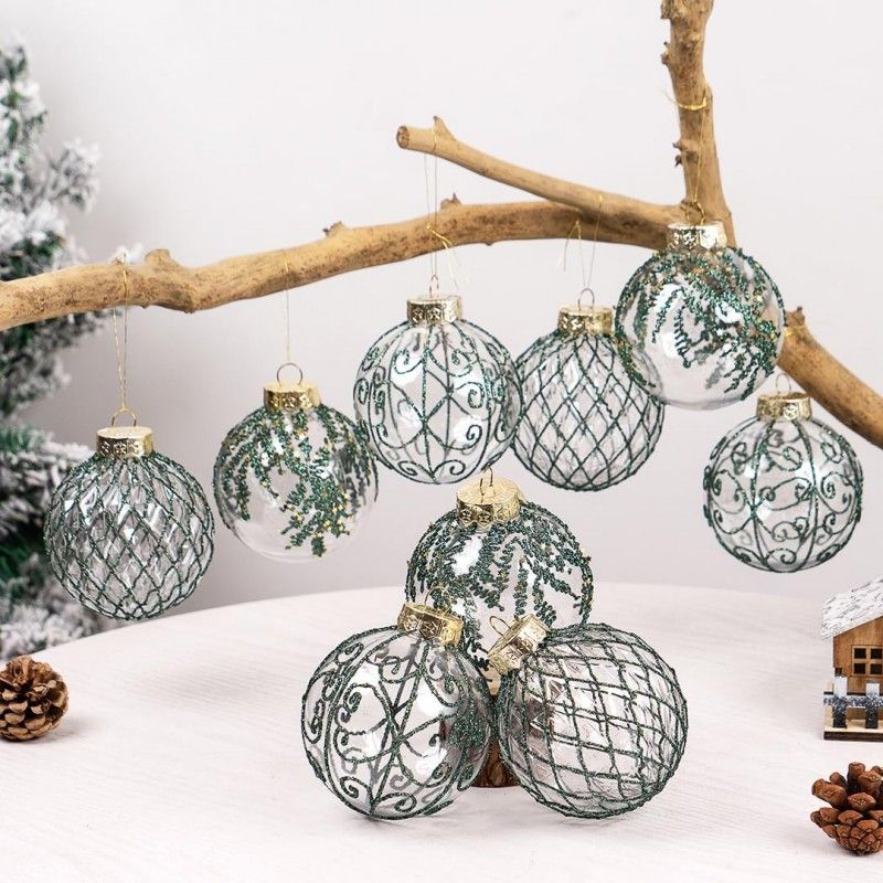 Karácsonyfadíszek zöld/átlátszó, 8 cm, 9 darab