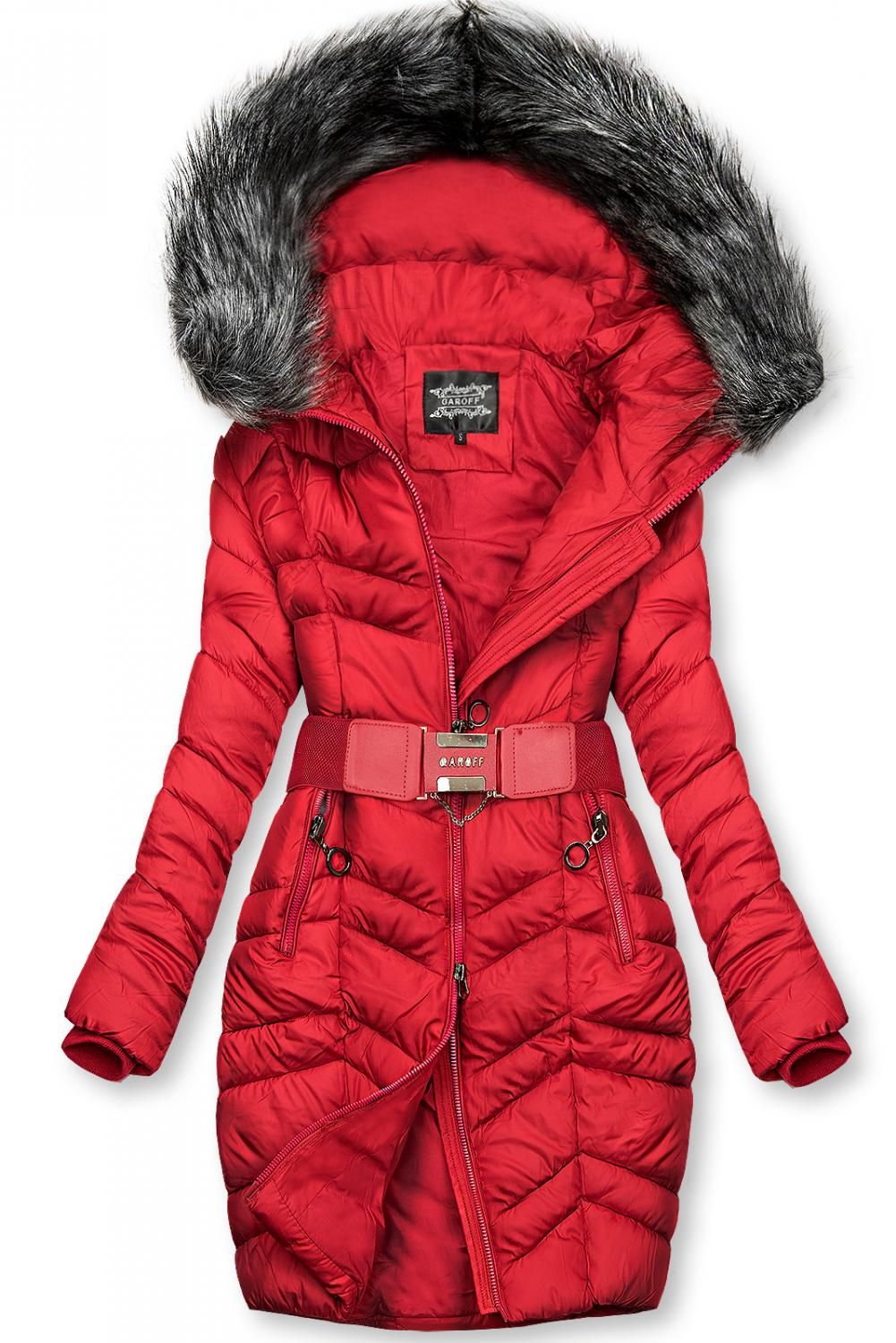 Piros színű hosszított kabát övvel