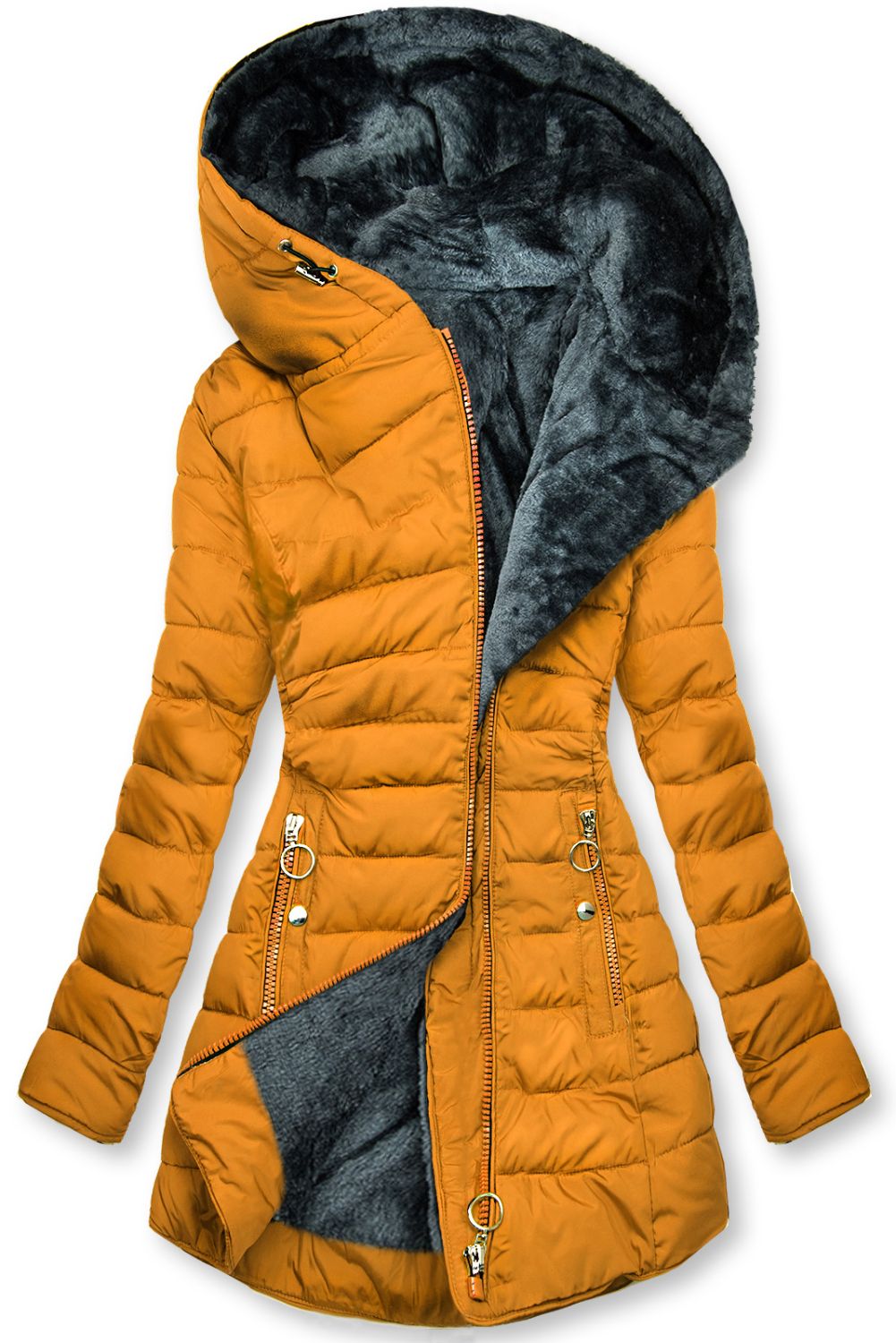 Mustársárga színű steppelt kabát plüss béléssel