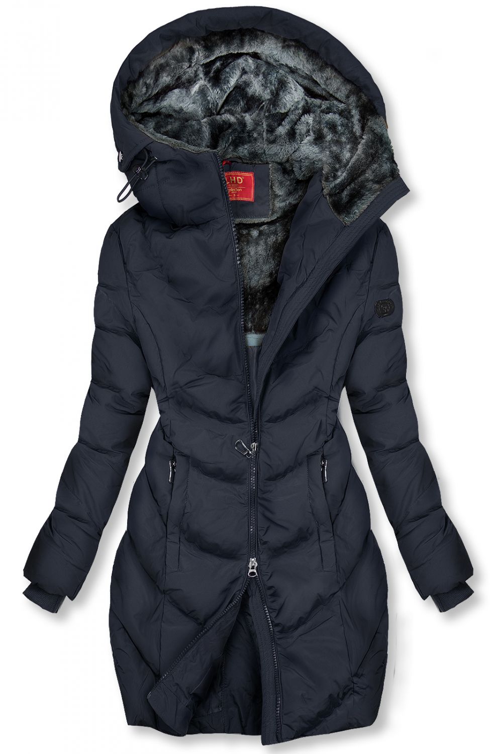 Sötétkék színű teli kabát hosszított fazonban