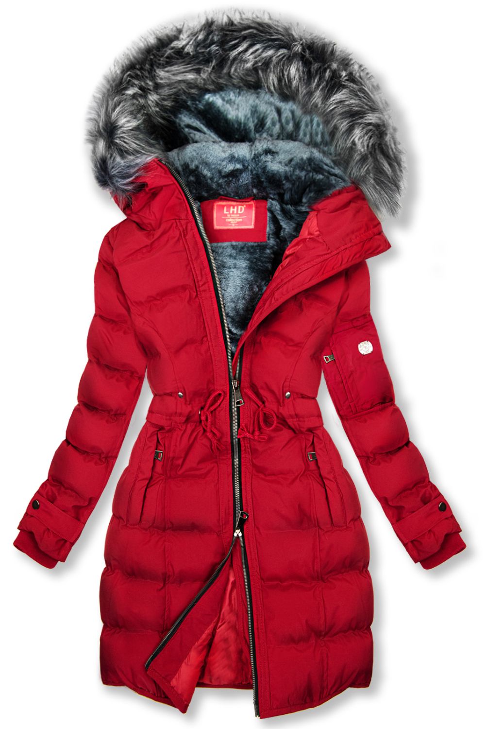 Piros színű téli kabát, derekán behúzással