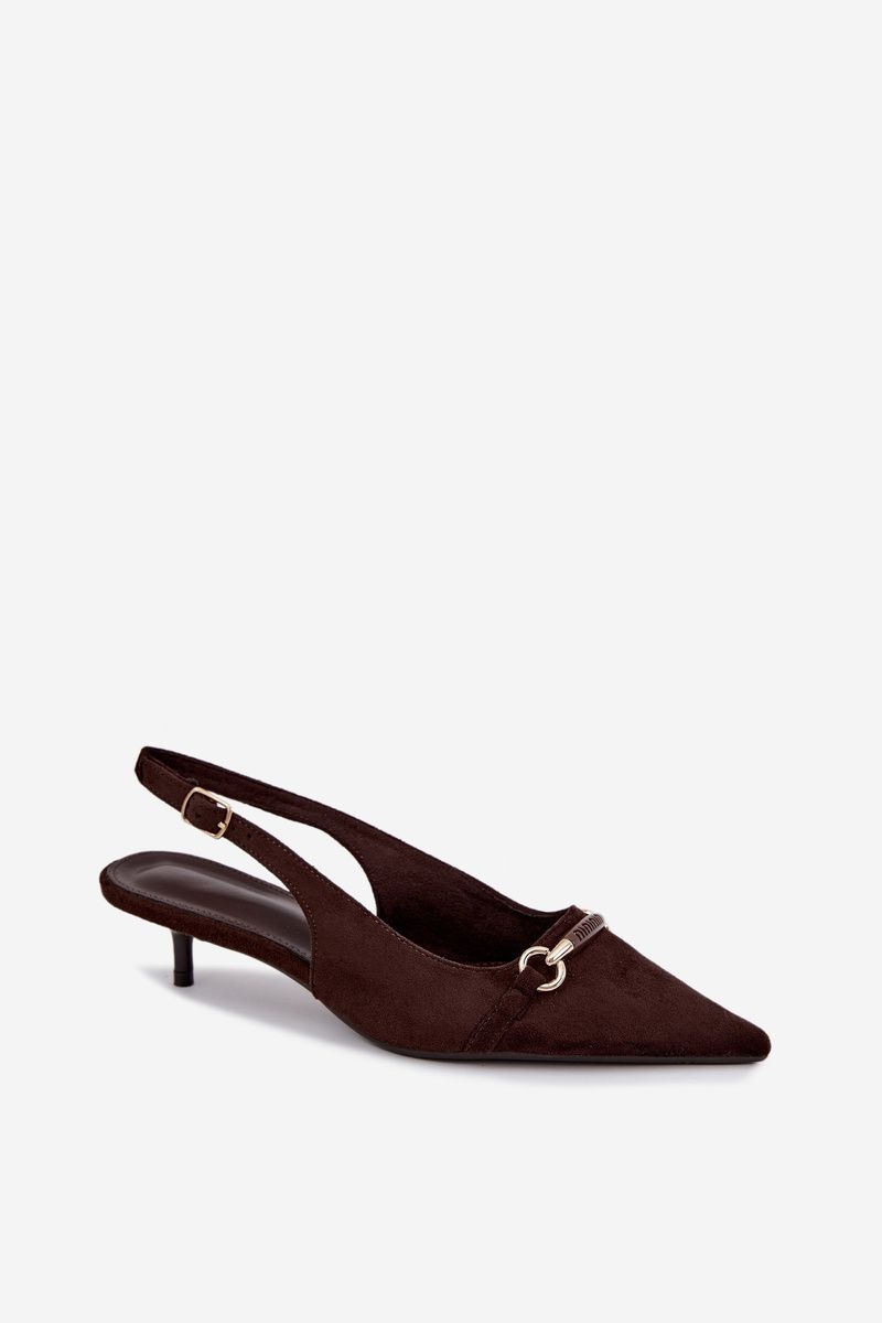 Barna színű nyitott sarkú, velúrhatású köromcipő alacsony sarokkal