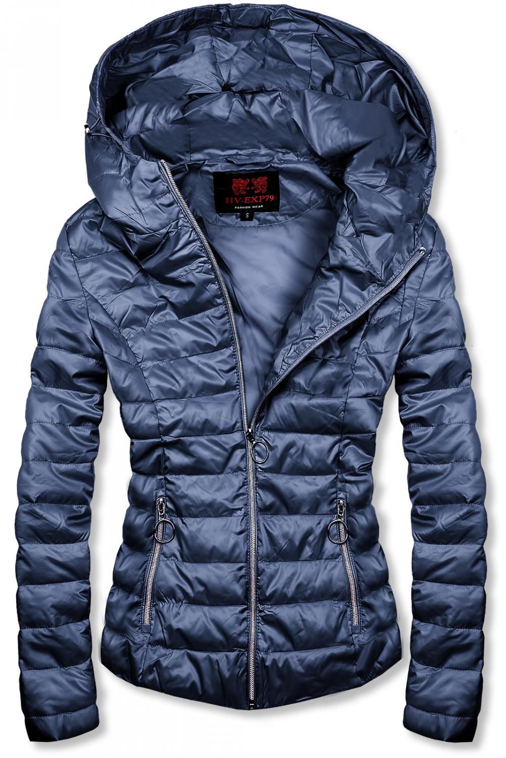 Sötétkék színű tavaszi steppelt dzseki kapucnival