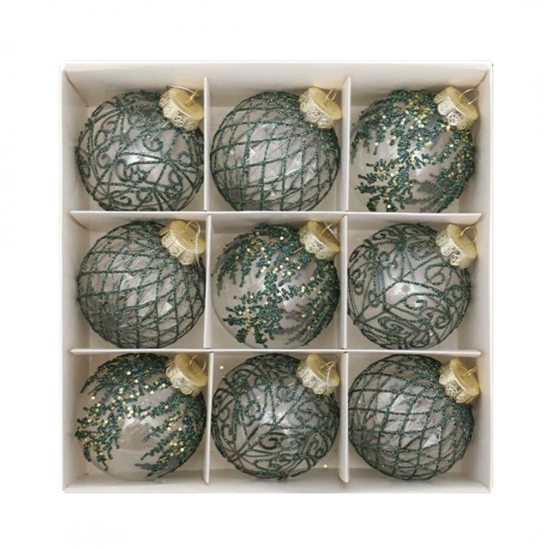 Karácsonyfadíszek zöld/átlátszó, 8 cm, 9 darab