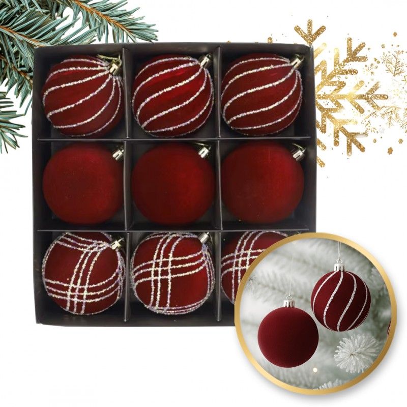 Borvörös velúr karácsonyfadíszek, 8 cm, 9 darab