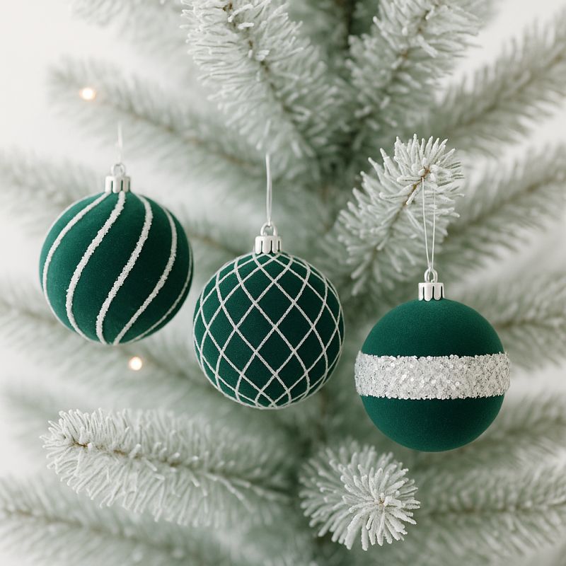 Zöld színű velúr karácsonyfadíszek, 8 cm, 9 darab