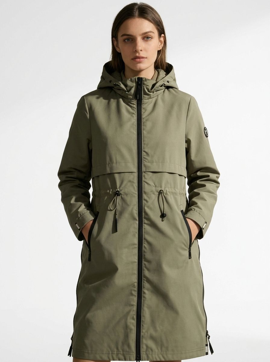 Olívazöld színű átmeneti parka derékban behúzással