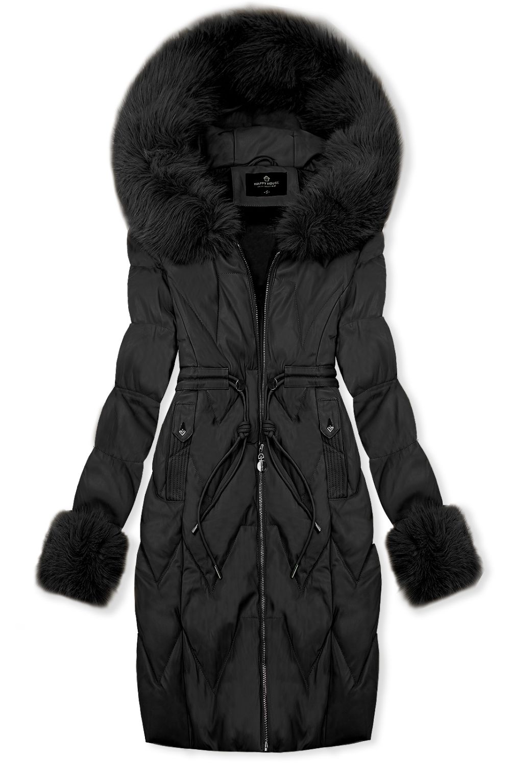 Téli műbőrkabát műszőrmével - fekete színű