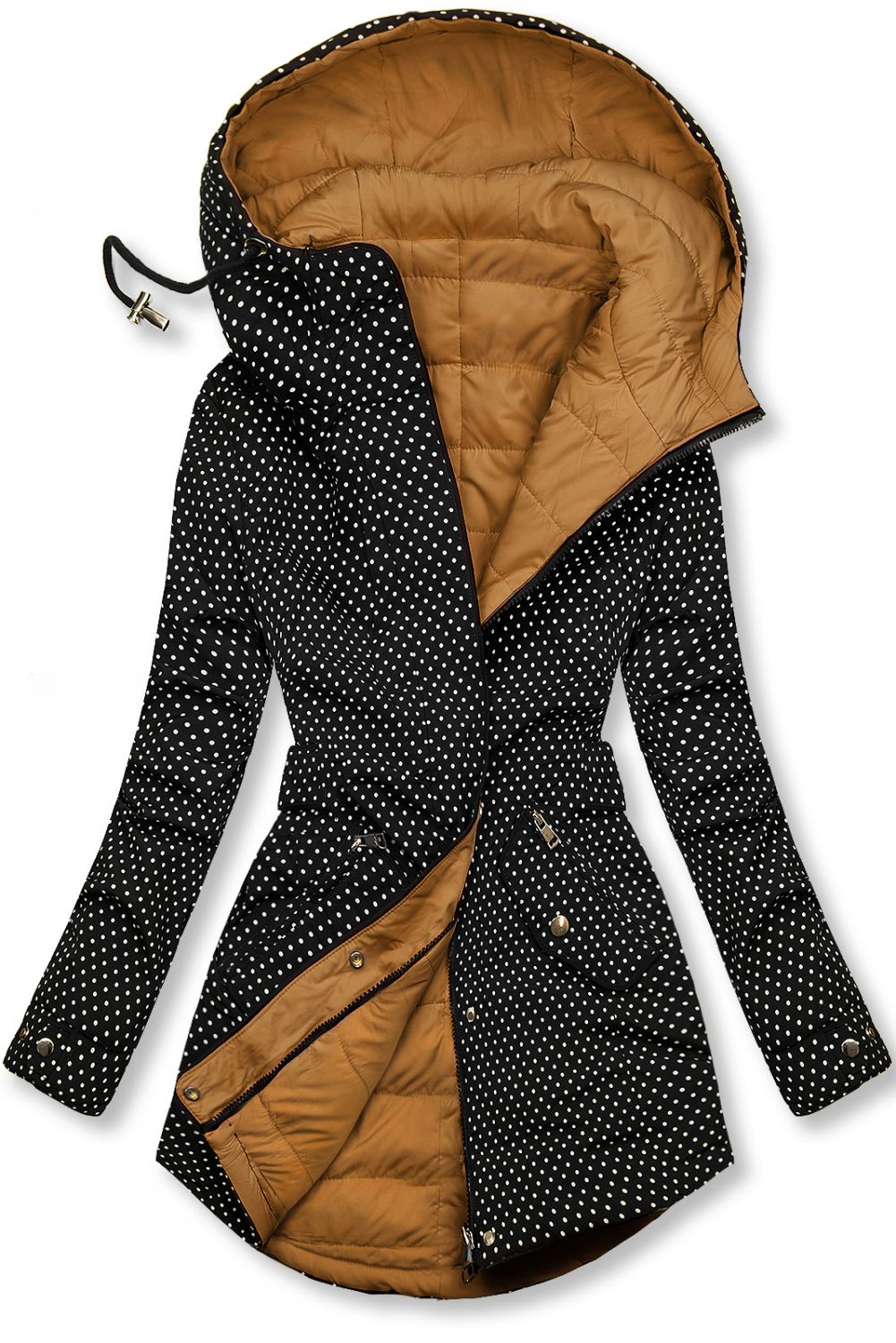 Fekete és karamellszínű pöttyös kifordítható kabát