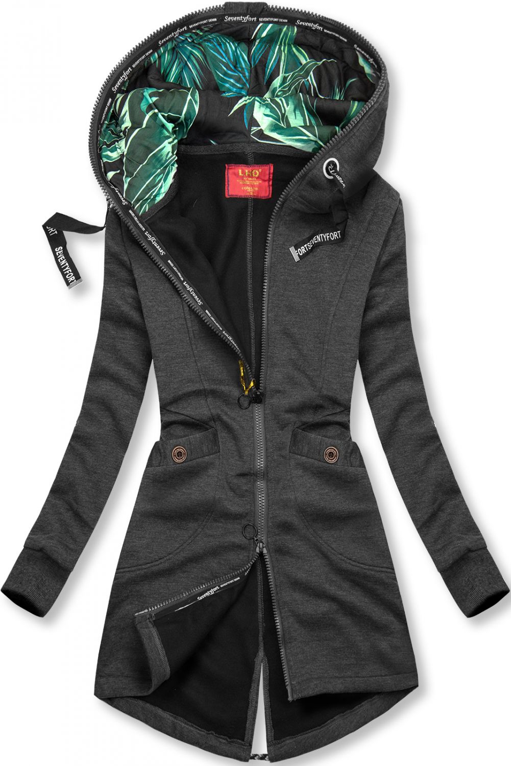 Grafitszürke színű felső mintás kapucnival