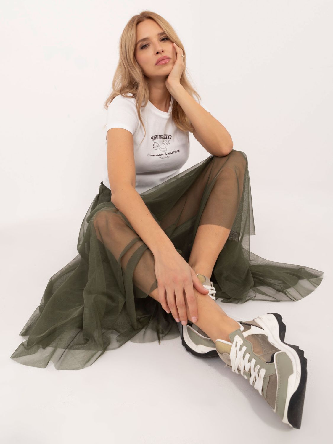 Midi tüll szoknya khaki színben