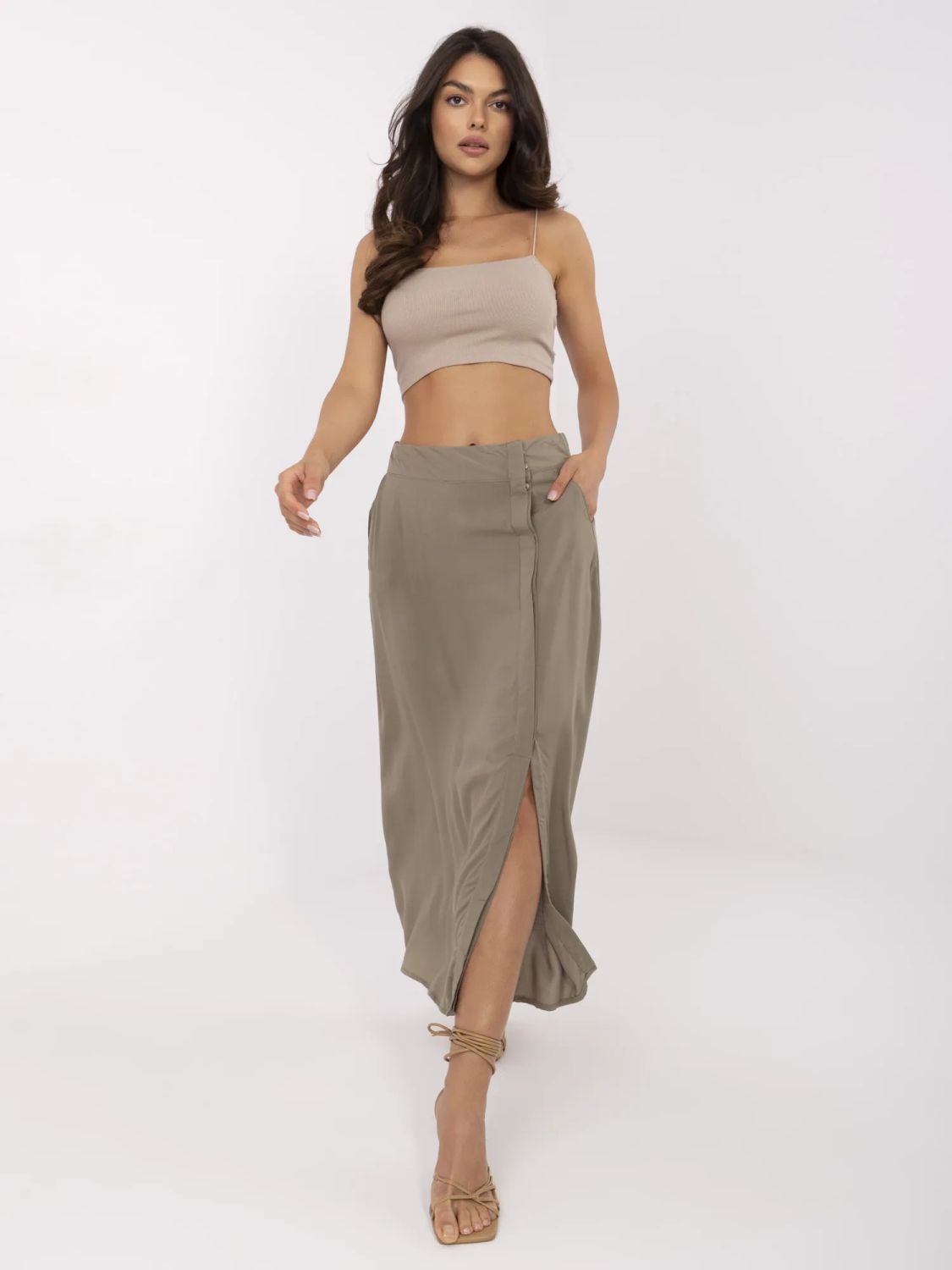Elegáns midi szoknya khaki színben