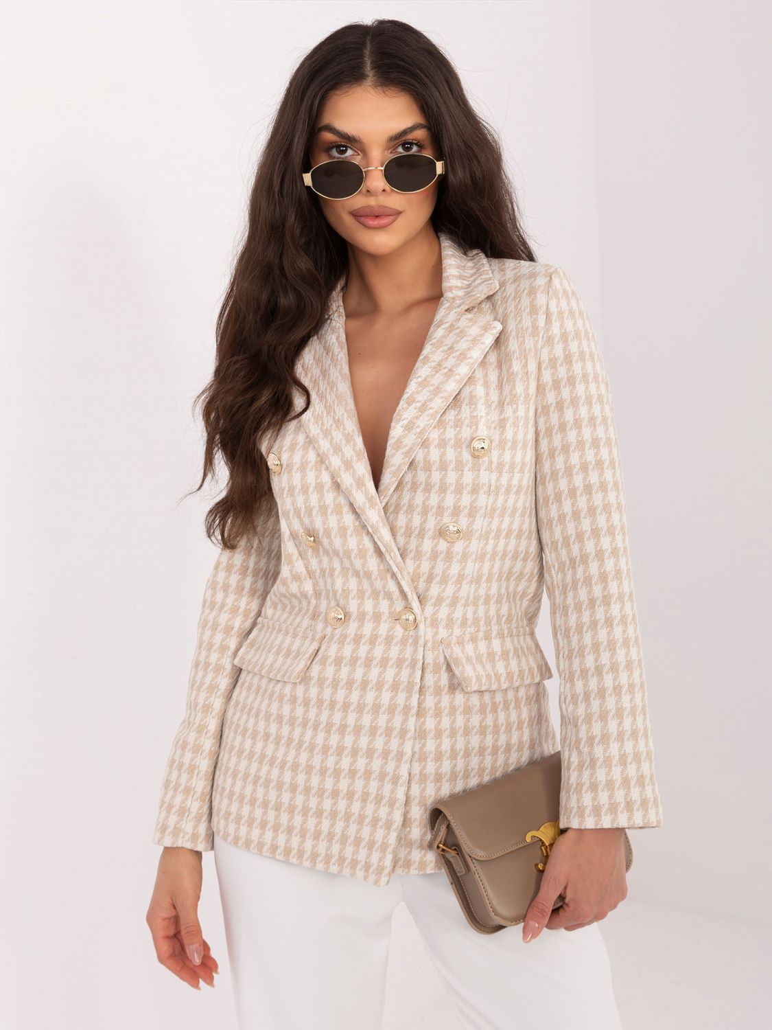 Bézs színű pepita mintás blézer béléssel