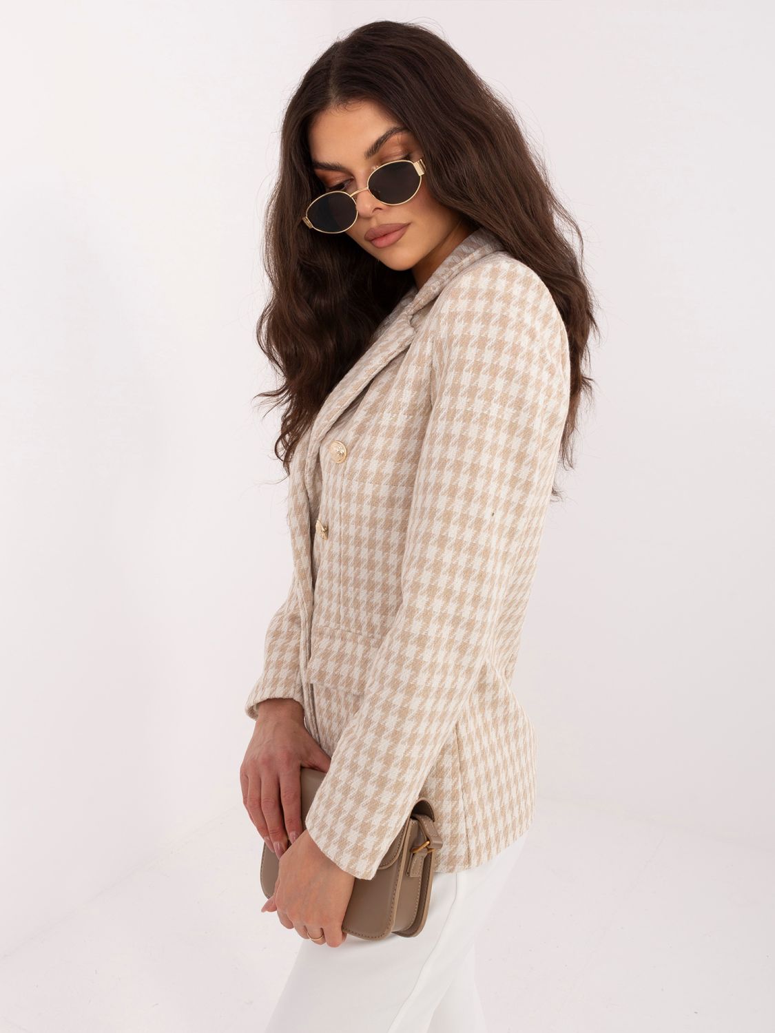 Bézs színű pepita mintás blézer béléssel