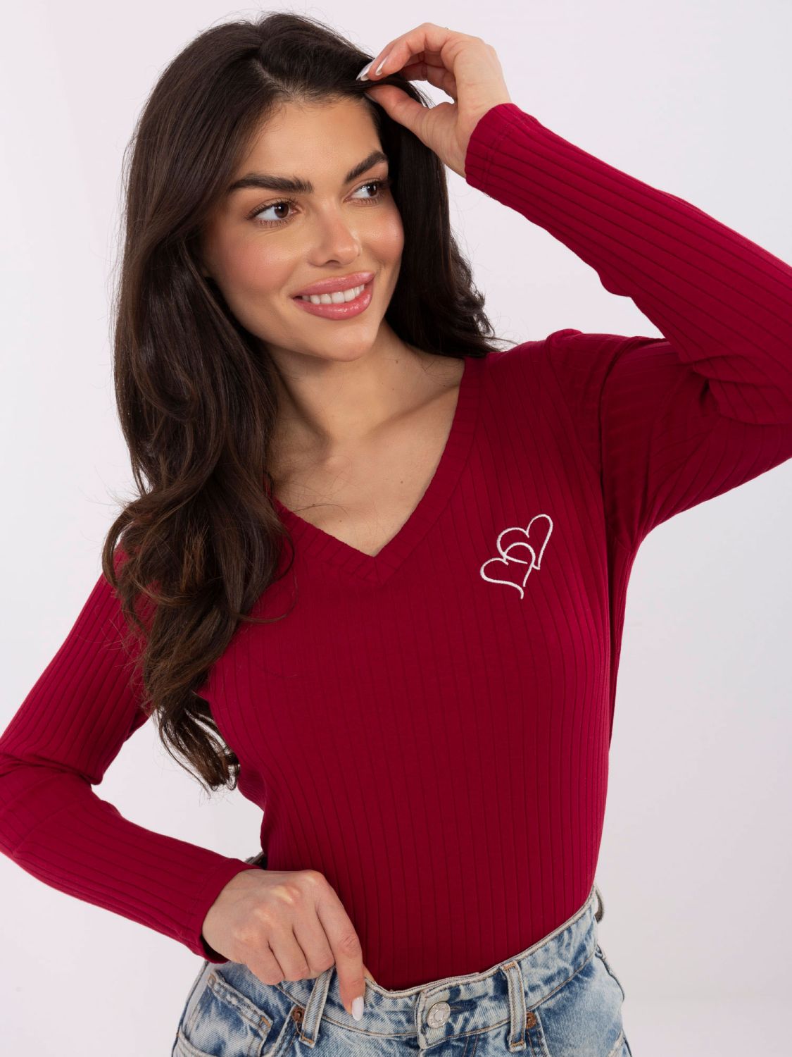 Bordó hímzett, V-nyakú blúz