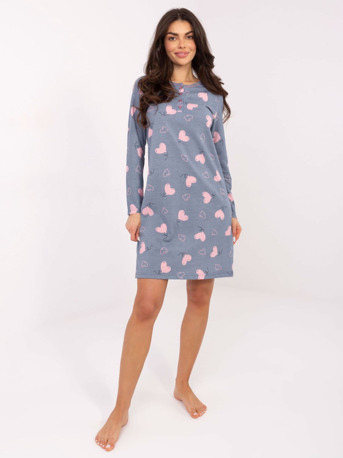 Női hosszú ujjú, sötétkék pamut hálóing