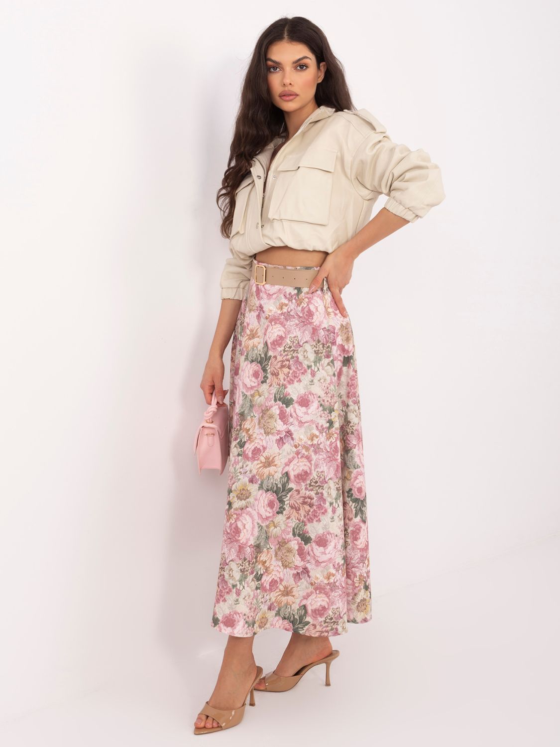 Elegáns virágmintás midi szoknya övvel - rózsaszínű