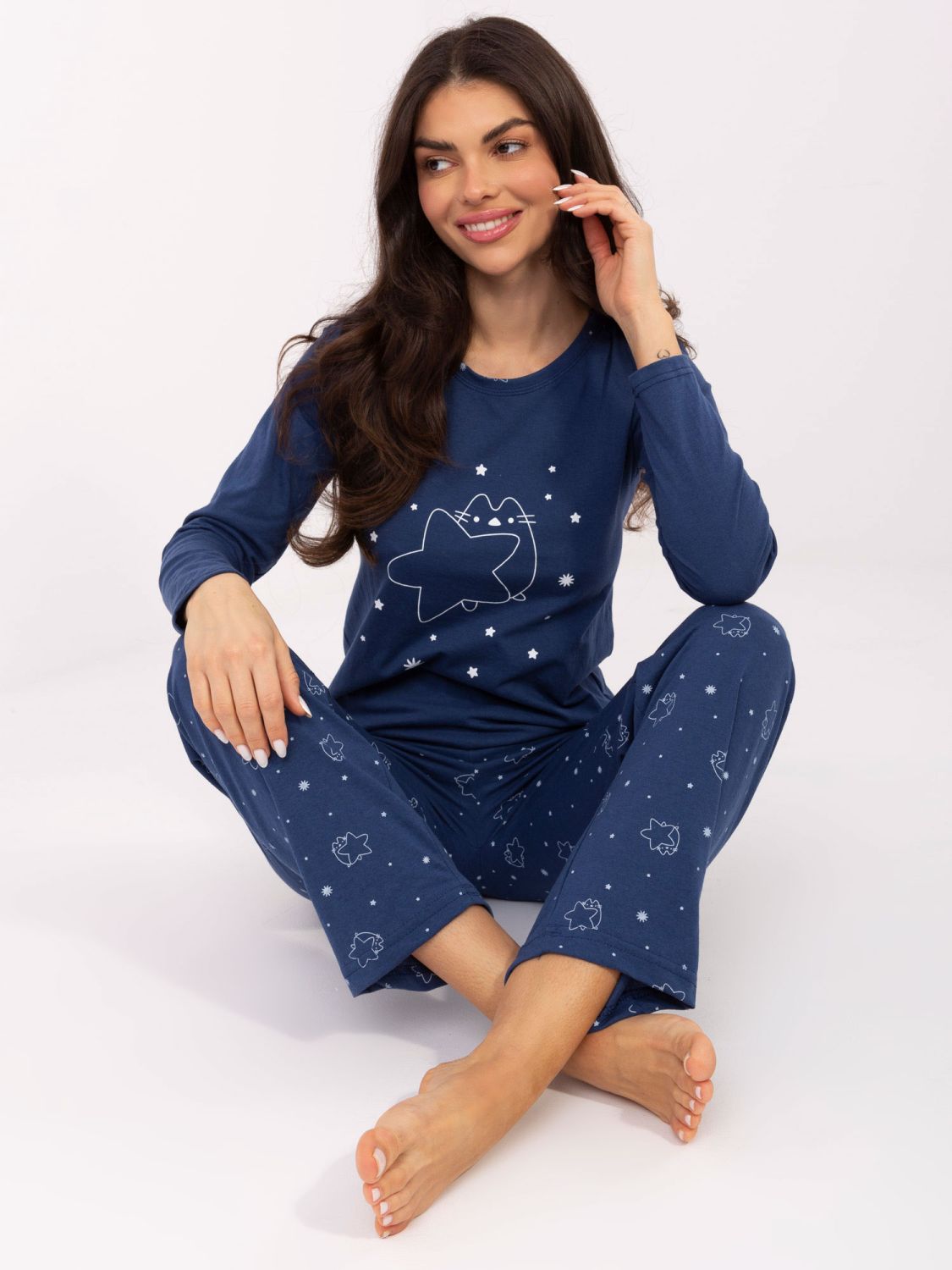 Női hosszú ujjú pizsama sötétkék színben