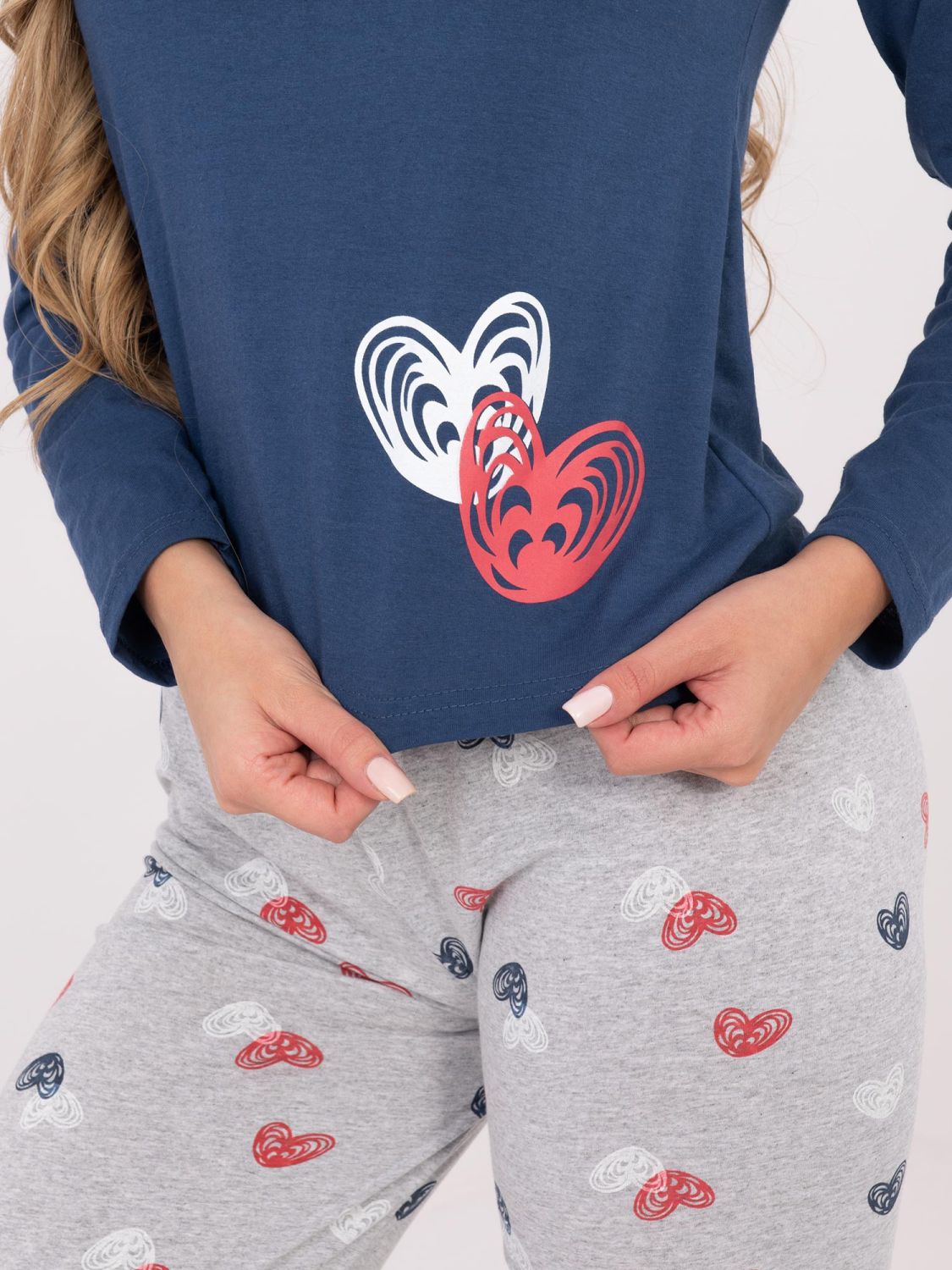 Női pamut pizsama nyomott mintával, sötétkék