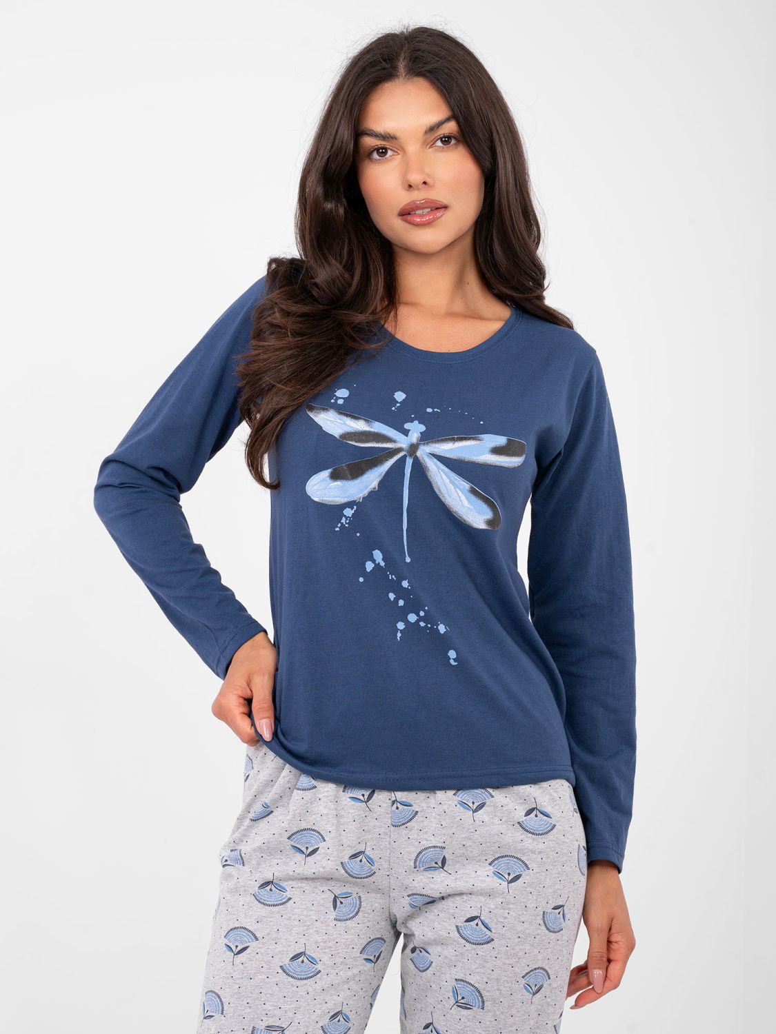 Női hosszú ujjú pamut pizsama, sötétkék színű