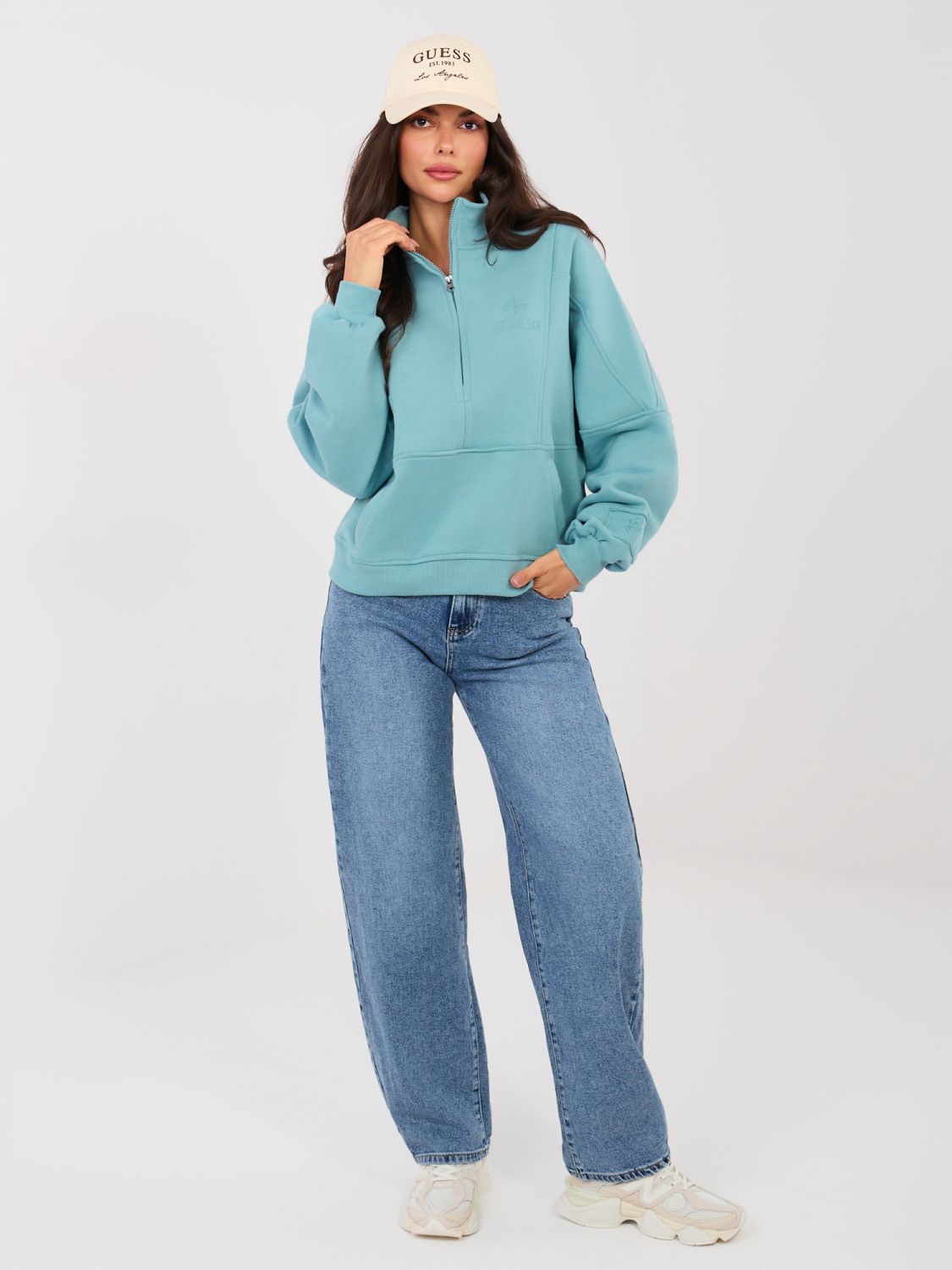 Női ballon fazonú magas derekú farmernadrág, kék színű