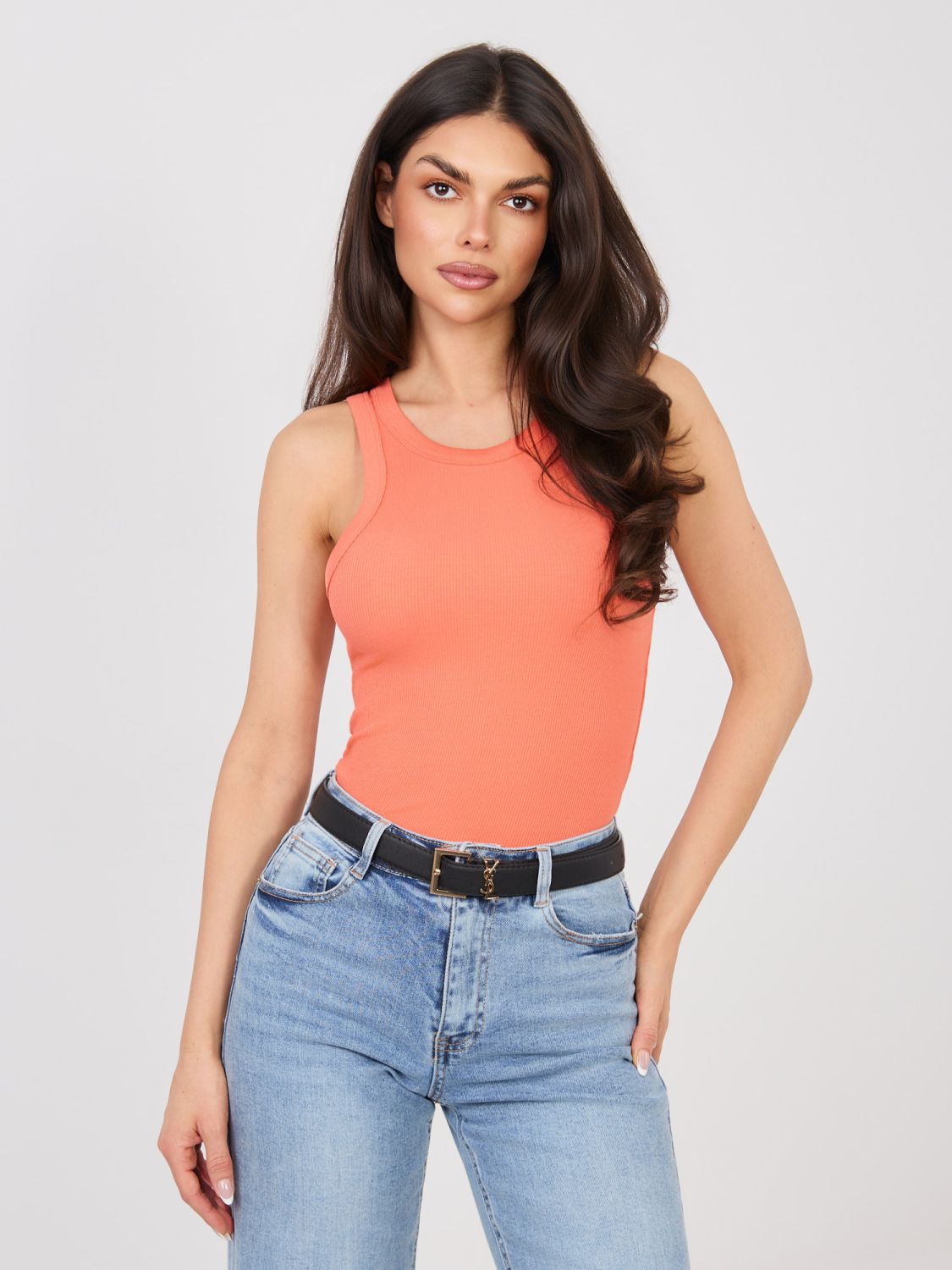 Bordázott ujjatlan narancsszínű top