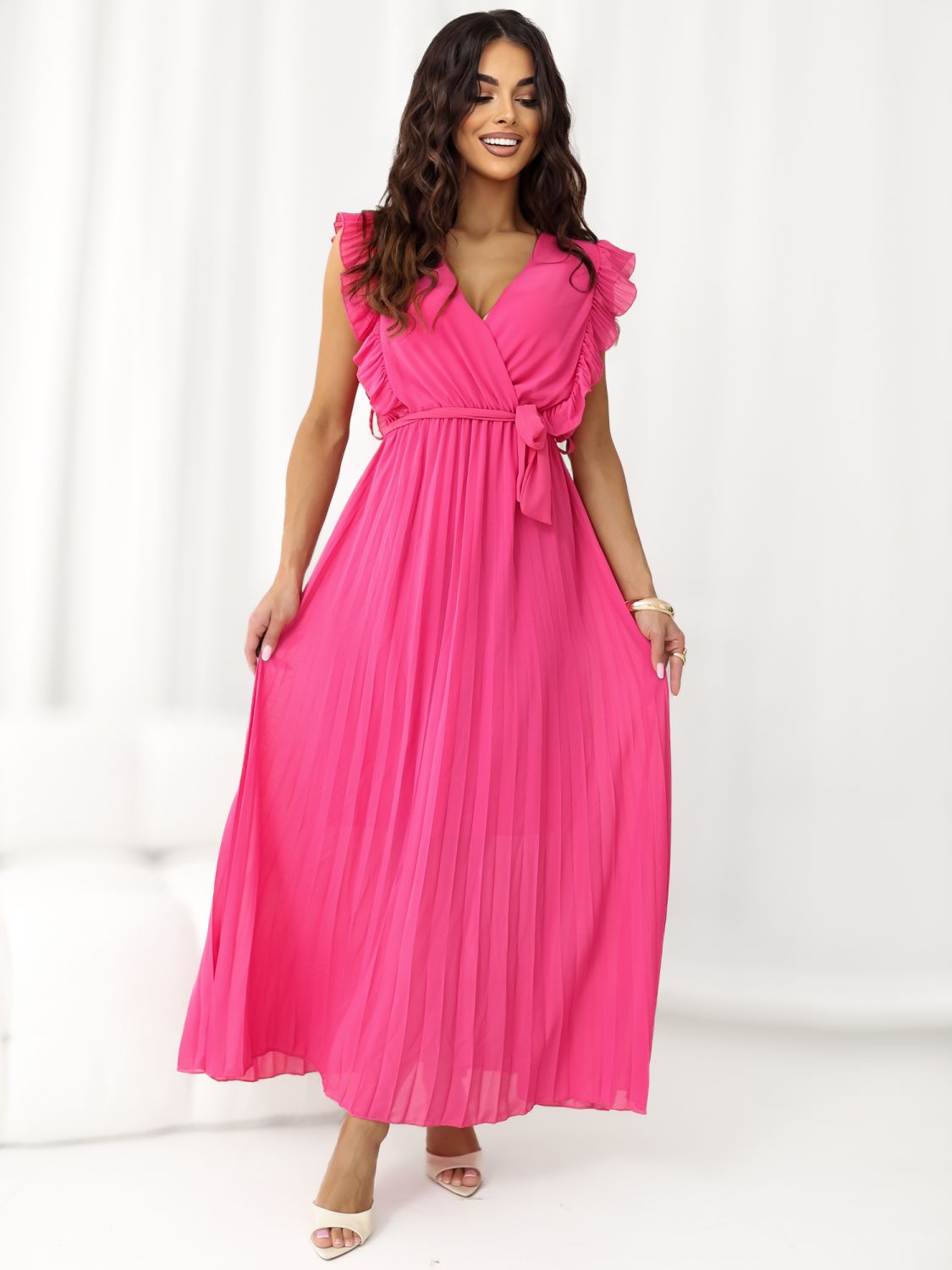 Bővülő midi ruha övvel, sötét rózsaszínű