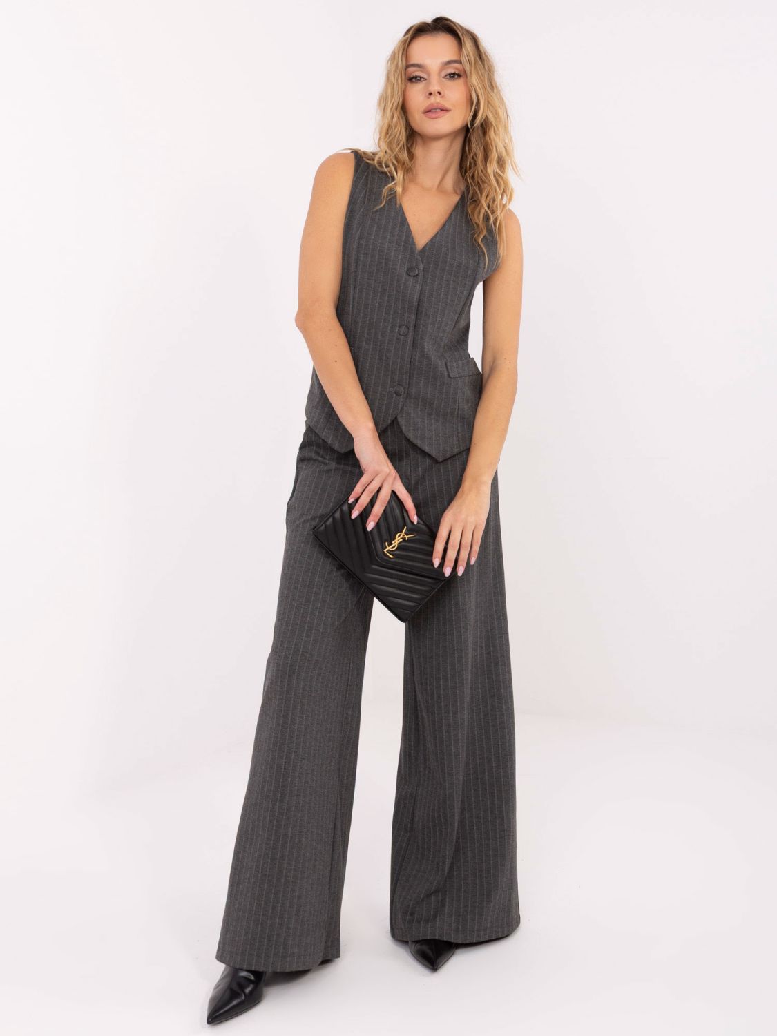 Elegáns szürke színű női mellény csíkos mintával