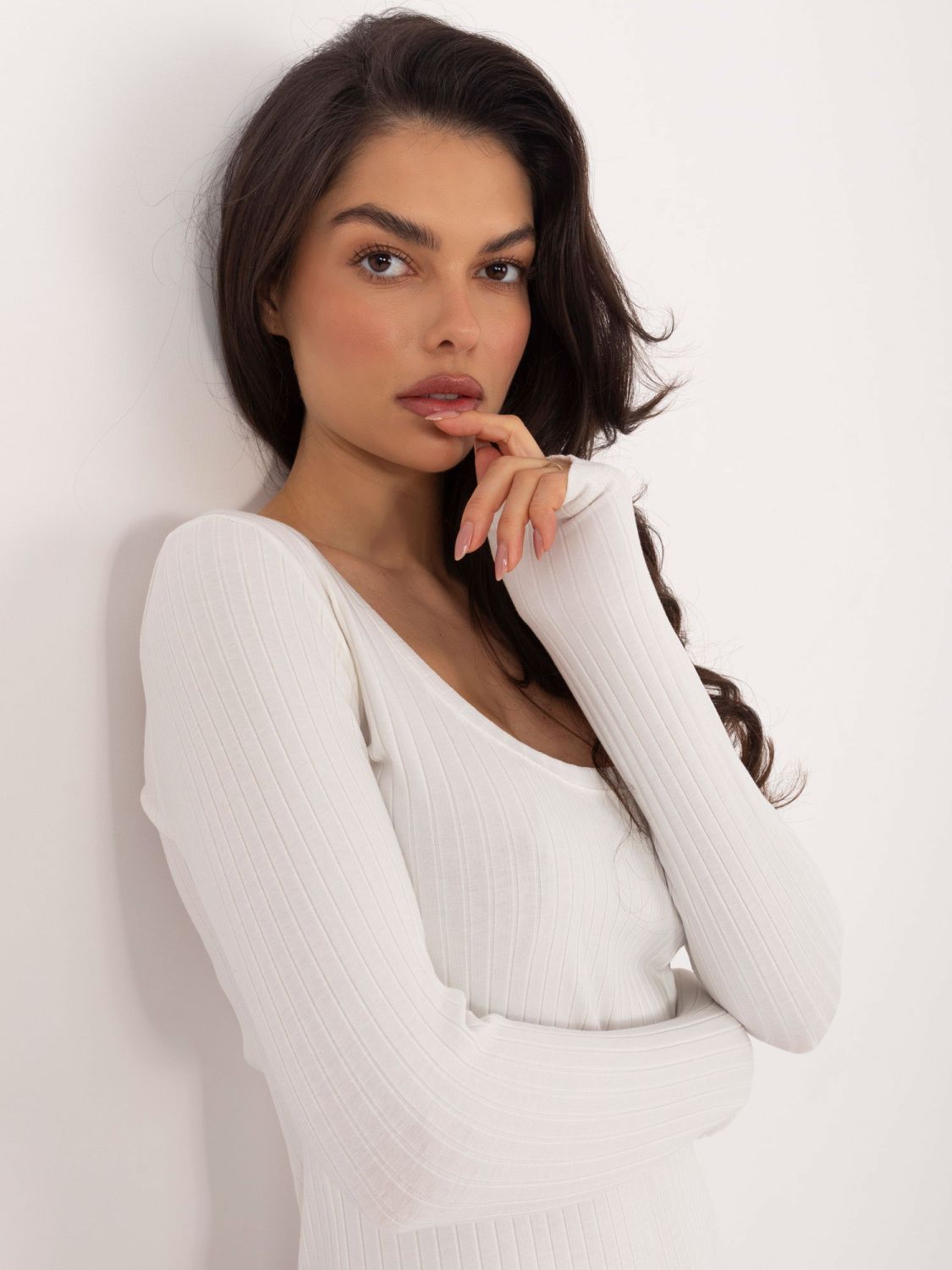 Bordázott pamut body hosszú ujjal ecru színben