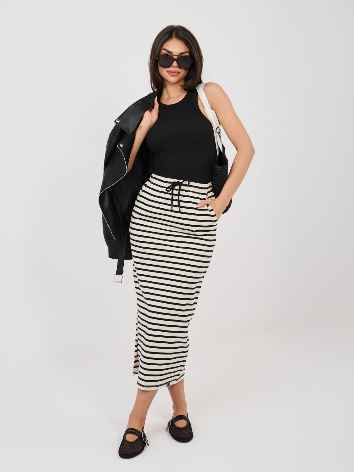 Bézs csíkos midi szoknya zsebekkel