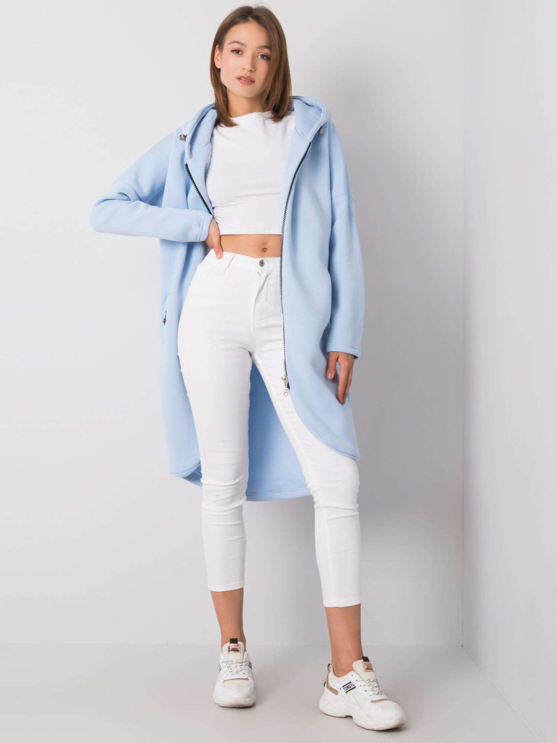 Világoskék hosszú kapucnis cipzáras pulóver