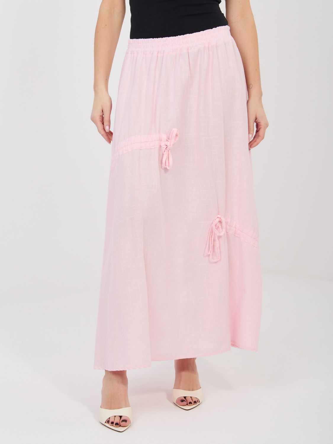 Világos rózsaszínű midi szoknya megkötővel