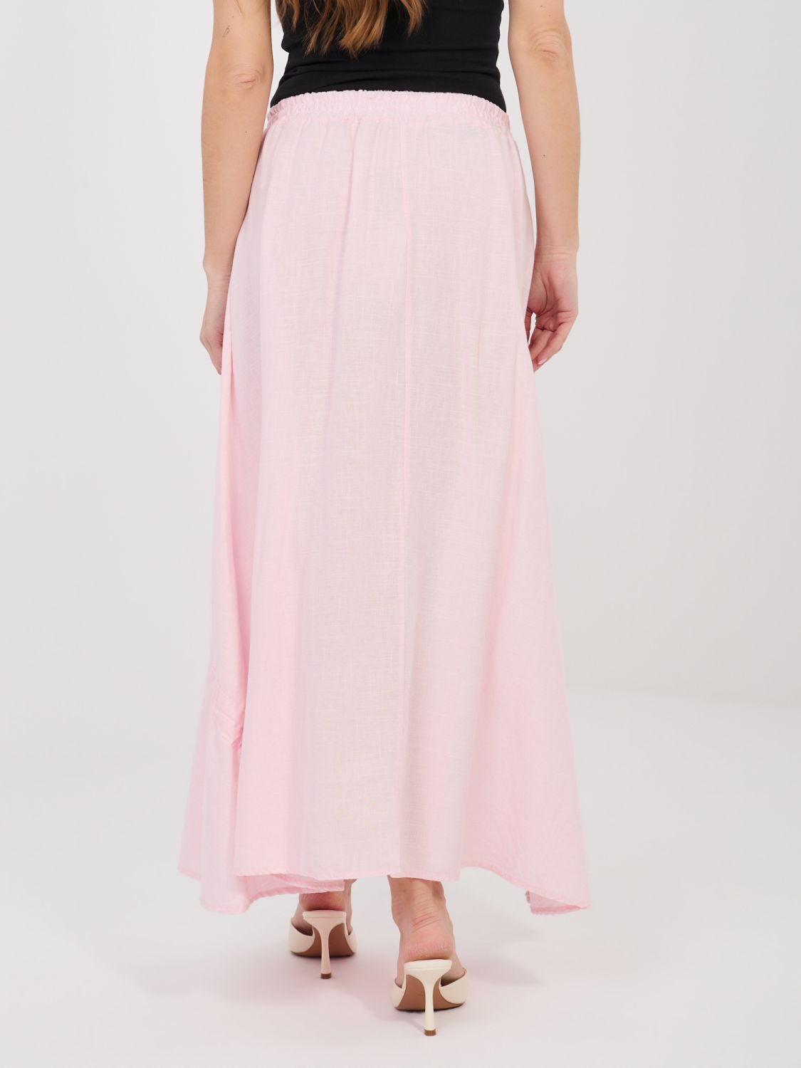 Világos rózsaszínű midi szoknya megkötővel