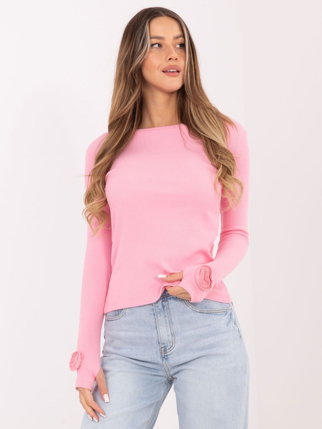 Világos rózsaszínű bordázott hosszú ujjú blúz
