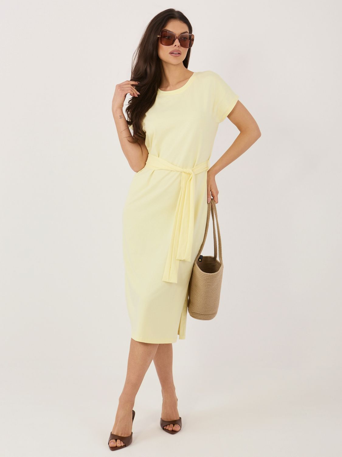 Világossárga pamut nyári ruha övvel