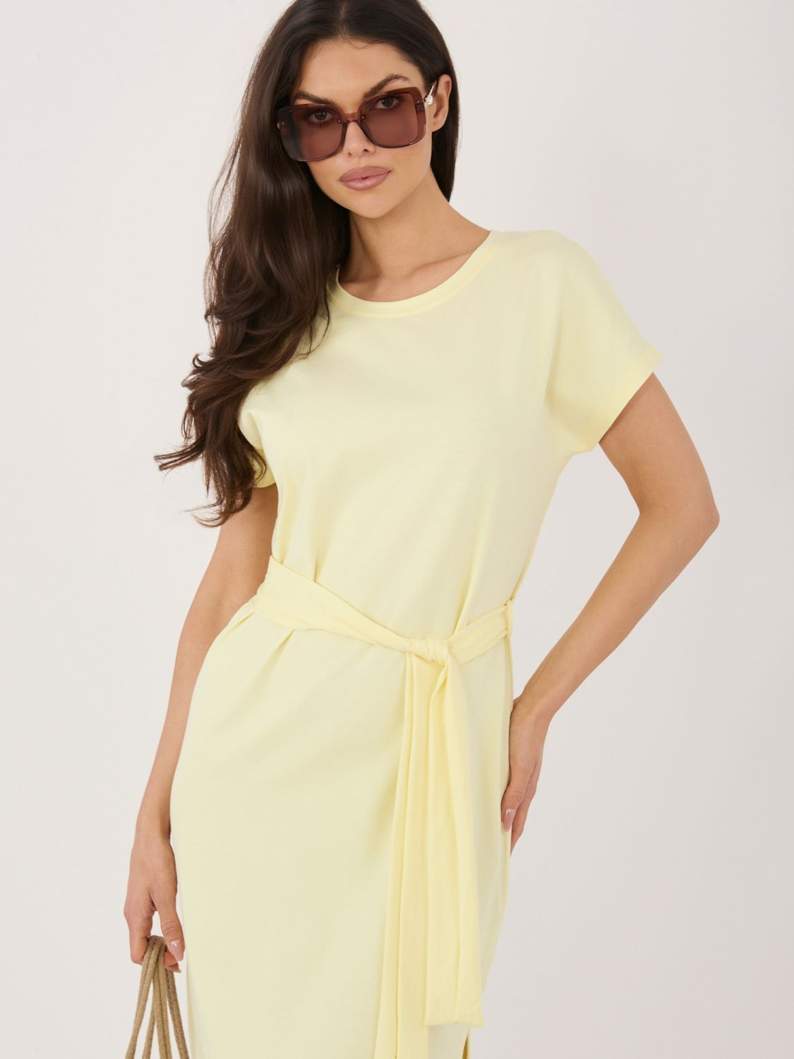 Világossárga pamut nyári ruha övvel