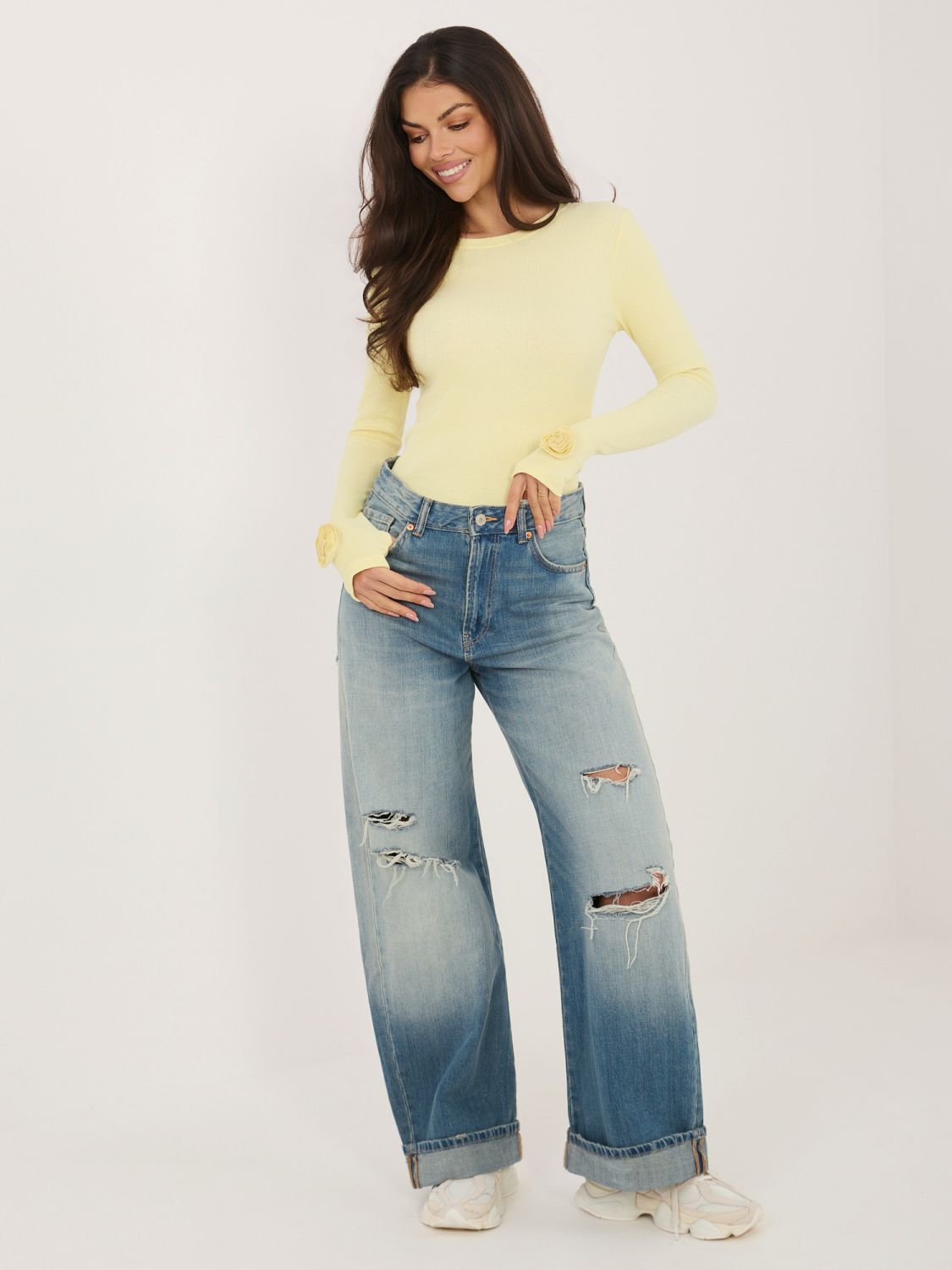 Sárga színű bordázott hosszú ujjú blúz