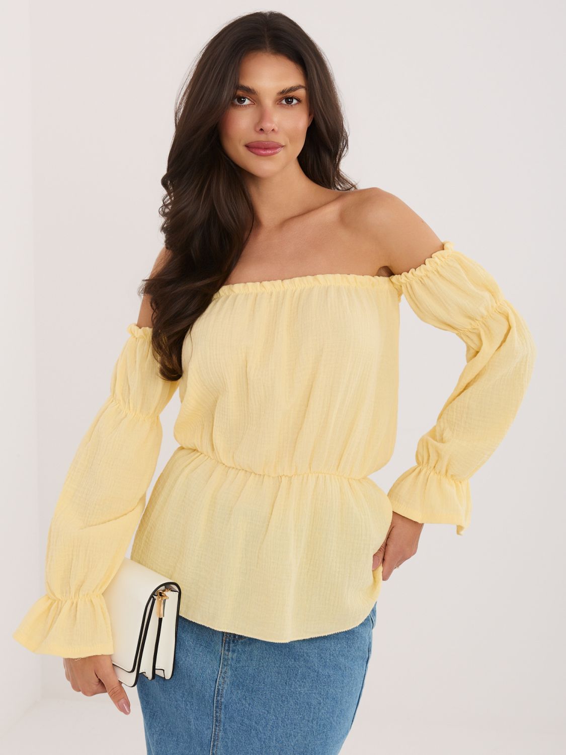 Sárga, váll nélküli blúz puffos ujjal
